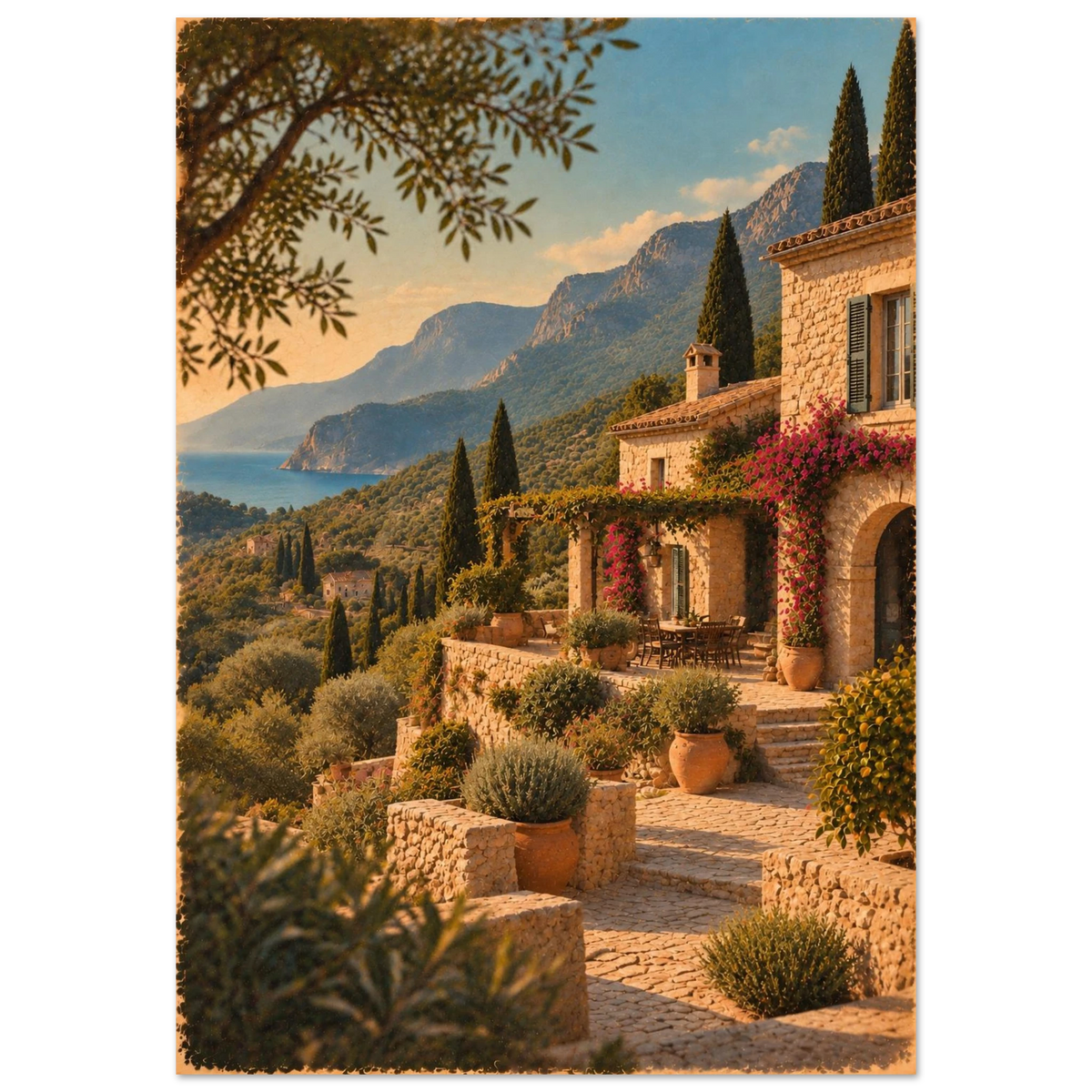 Mallorca Poster im Vintage-Postkarten-Stil – Finca mit Bougainvillea vor Bergen und Meer