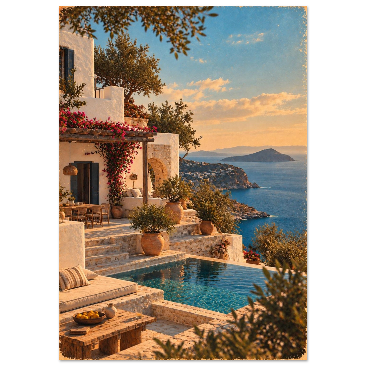Peloponnes Poster im Vintage-Postkarten-Stil – weißes Haus mit Pool am Meer im Abendlicht
