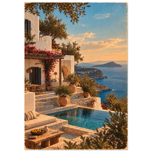 Peloponnes Poster im Vintage-Postkarten-Stil – weißes Haus mit Pool am Meer im Abendlicht