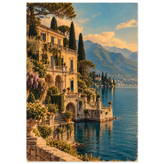 Comer See Poster im Vintage-Postkarten-Stil – historische Villa direkt am Wasser