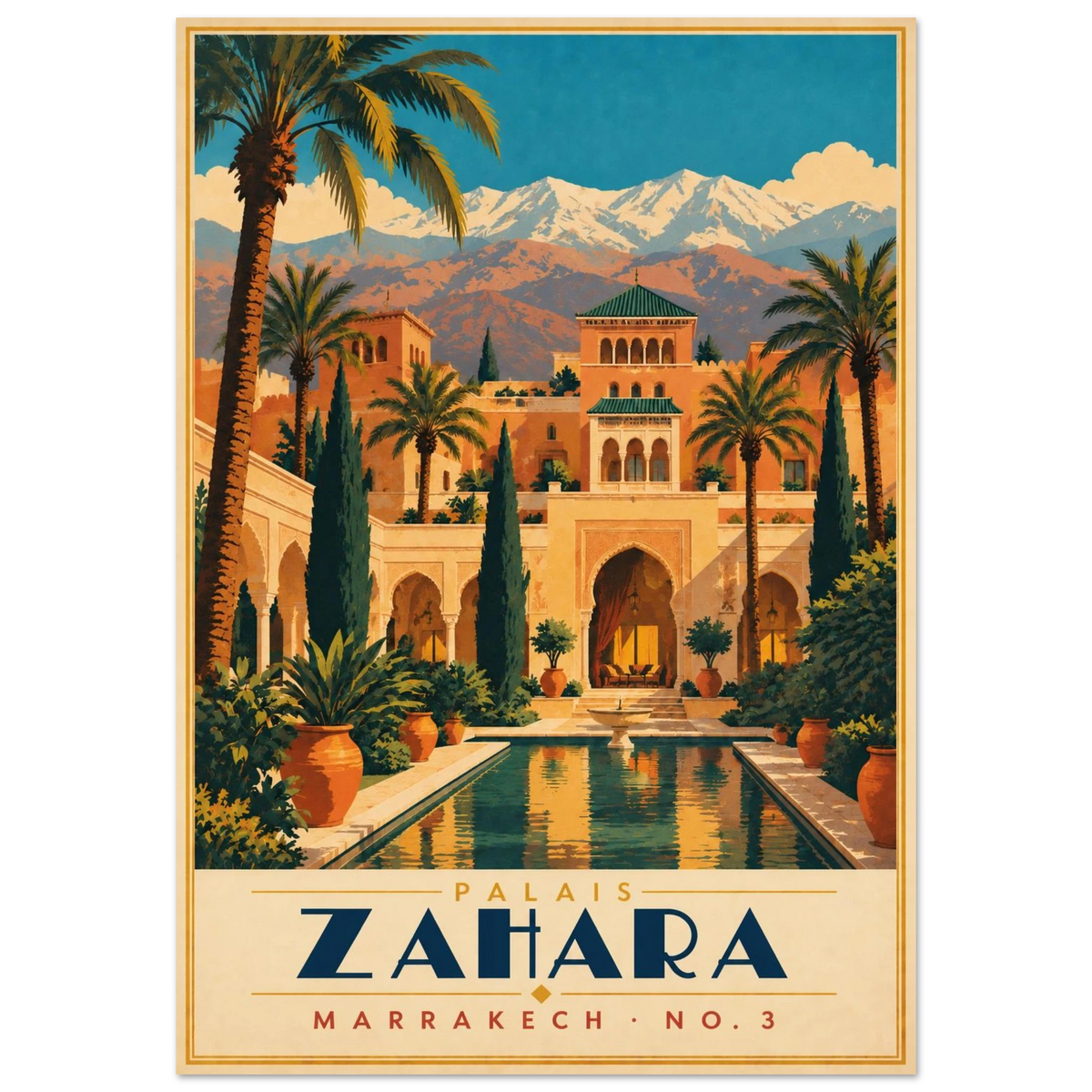 Art-Déco Reiseposter Palais Zahara – orientalischer Palast mit Hufeisenbögen und Wasserbecken