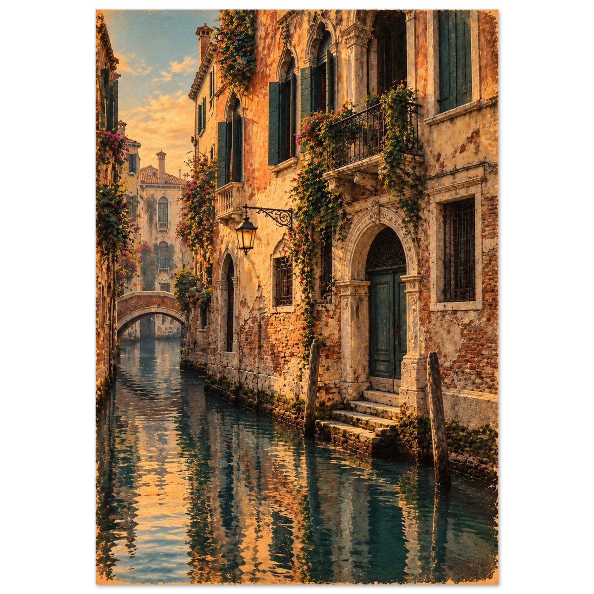 Venedig Poster im Vintage-Postkarten-Stil – ruhiger Kanal in warmem Abendlicht