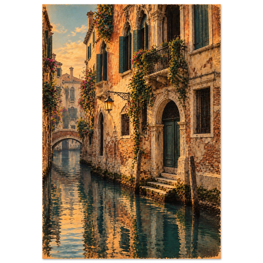 Venedig Poster im Vintage-Postkarten-Stil – ruhiger Kanal in warmem Abendlicht