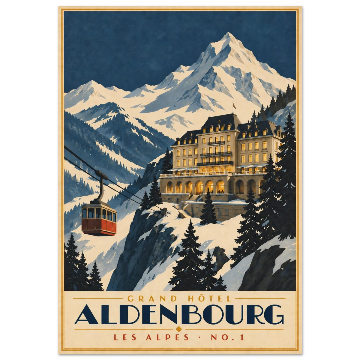 Art-Déco Reiseposter Grand Hôtel Aldenbourg – beleuchtetes Grand Hotel am verschneiten Berghang mit roter Gondel