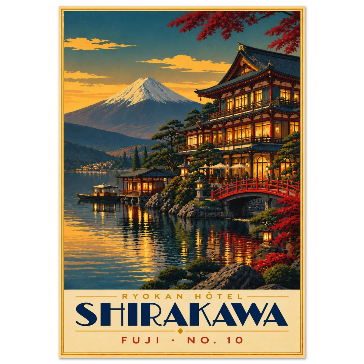 Art-Déco Reiseposter Ryokan Hôtel Shirakawa – japanisches Hotel mit roter Bogenbrücke vor einem Vulkanberg
