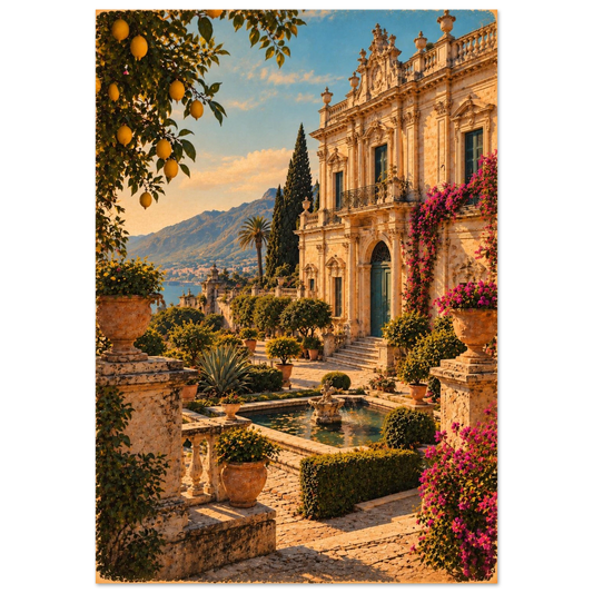 Sizilien Poster im Vintage-Postkarten-Stil – barocker Palazzo mit Brunnen und Zitronen