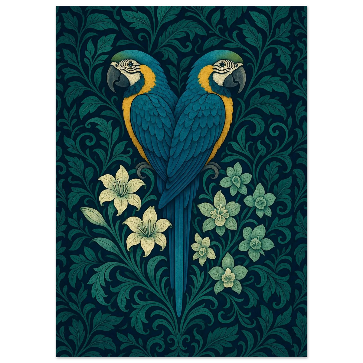 Ara Poster im William-Morris-Stil – Ara-Papagei zwischen Blättern und Blüten