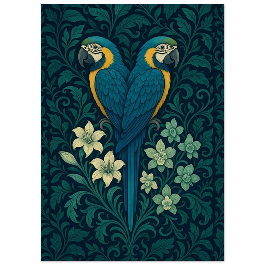 Ara Poster im William-Morris-Stil – Ara-Papagei zwischen Blättern und Blüten