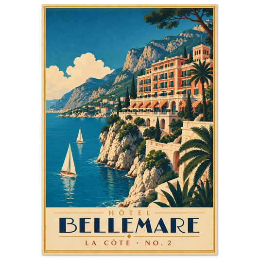 Art-Déco Reiseposter Hôtel Bellemare – lachsrosa Grand Hotel auf einer Felsküste über dem Meer