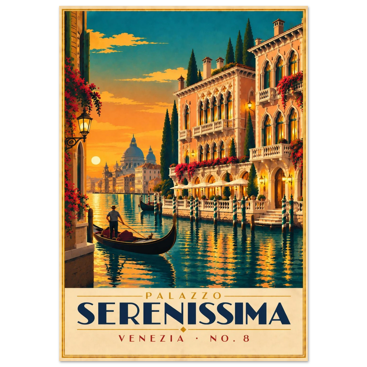 Art-Déco Reiseposter Palazzo Serenissima – Palazzo am Kanal mit Gondoliere im Abendlicht