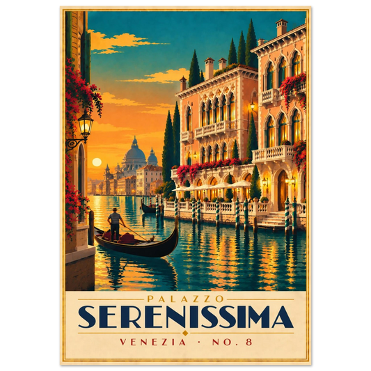 Art-Déco Reiseposter Palazzo Serenissima – Palazzo am Kanal mit Gondoliere im Abendlicht