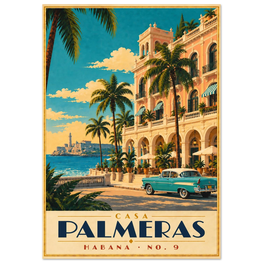 Art-Déco Reiseposter Casa Palmeras – lachsrosa Hotel an einer Palmenpromenade mit türkisfarbenem Oldtimer