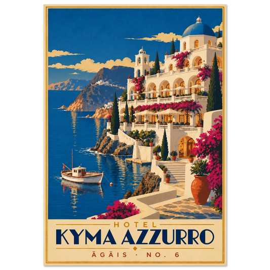 Art-Déco Reiseposter Hotel Kyma Azzurro – weißes Hotel mit blauer Kuppel auf einer Felsküste am Meer