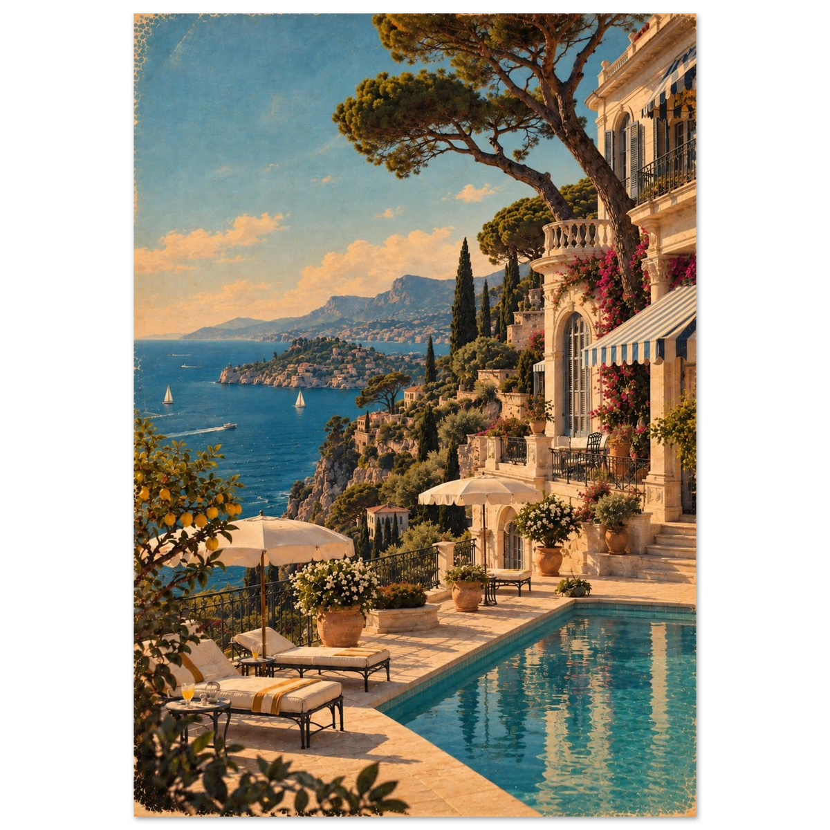 Côte d'Azur Poster im Vintage-Postkarten-Stil – Hotel mit Pool und Segelbooten am Meer