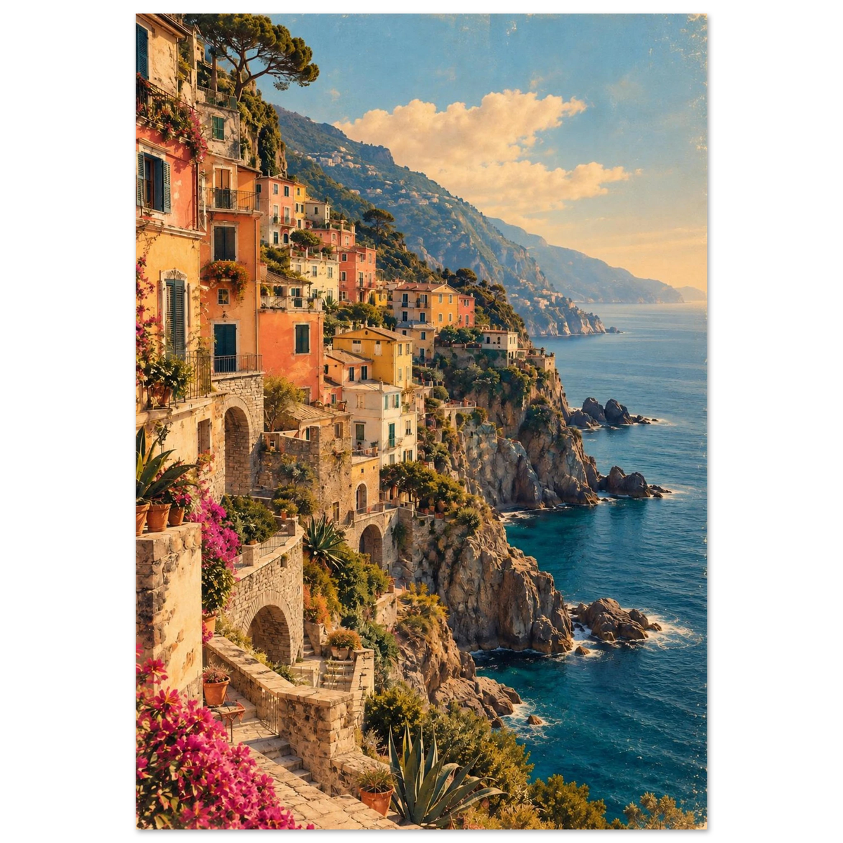 Cinque Terre Poster im Vintage-Postkarten-Stil – bunte Häuser am Felsen über dem Meer
