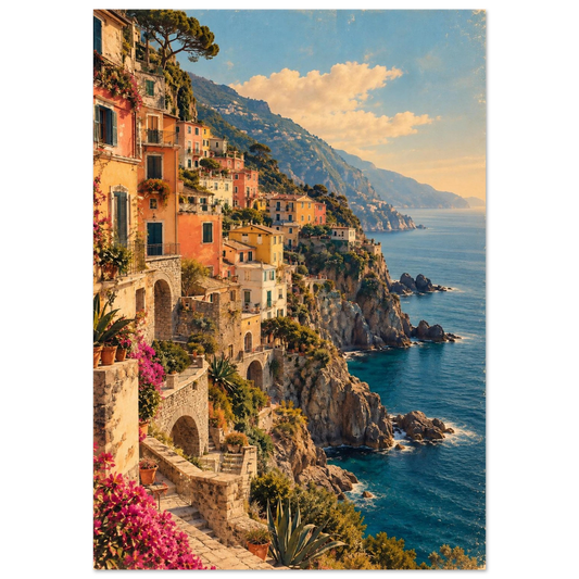 Cinque Terre Poster im Vintage-Postkarten-Stil – bunte Häuser am Felsen über dem Meer