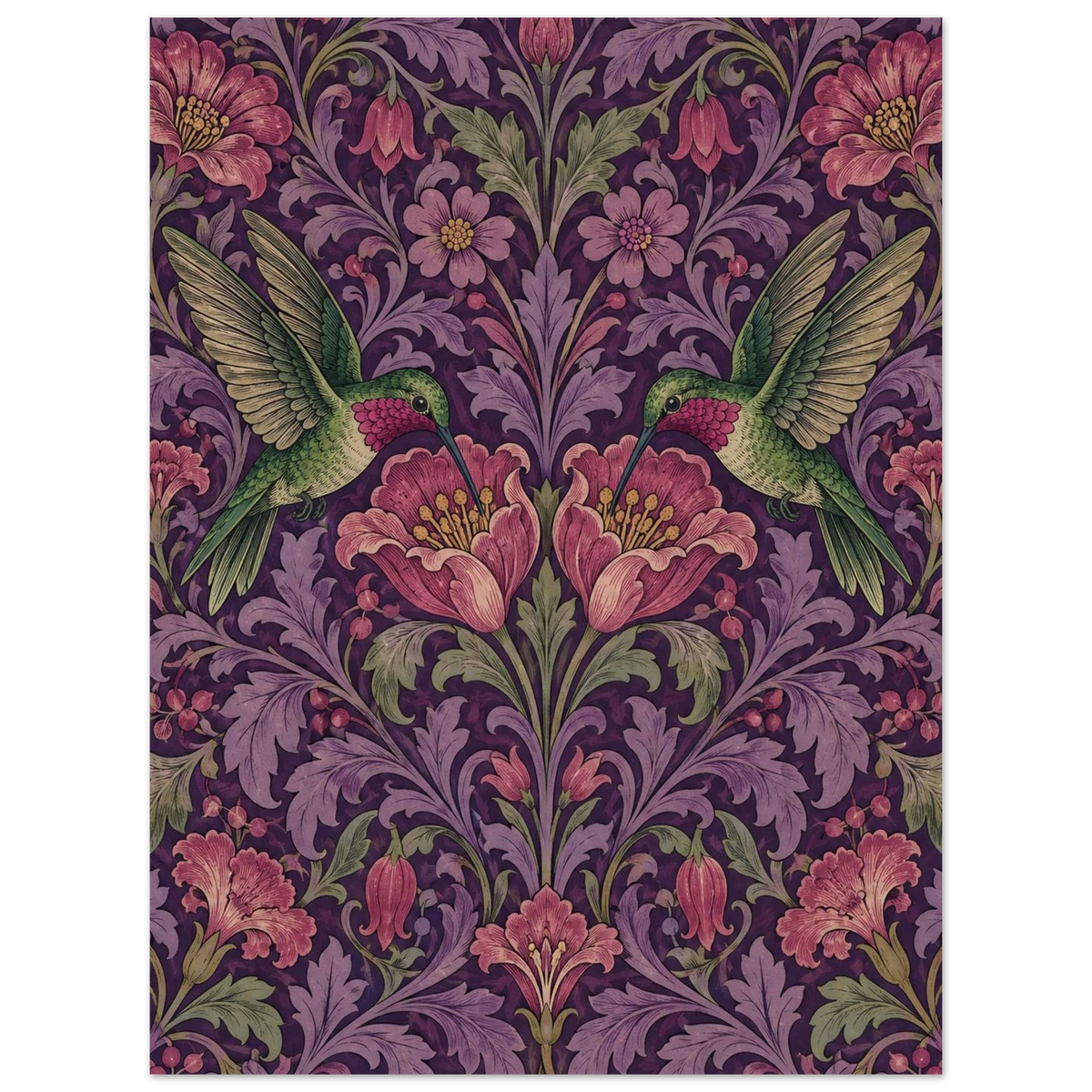 Kolibri Poster im William-Morris-Stil – Kolibri mit Blüten und Blattranken