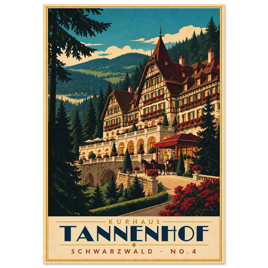 Art-Déco Reiseposter Kurhaus Tannenhof – Fachwerk-Kurhaus im Tannenwald mit Pferdekutsche