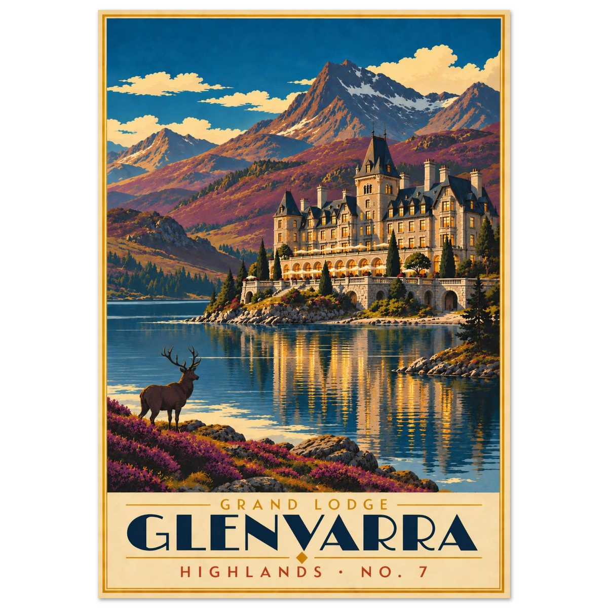 Art-Déco Reiseposter Grand Lodge Glenvarra – schlossartige Lodge an einem Bergsee mit Hirsch