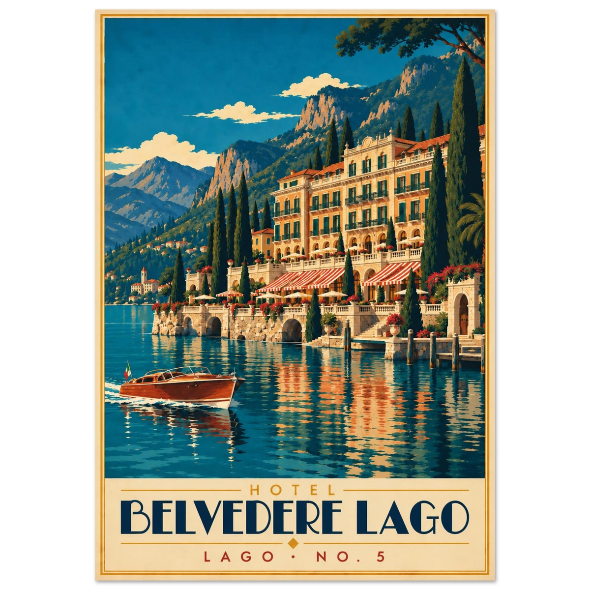 Art-Déco Reiseposter Hotel Belvedere Lago – sonnengelbes Grand Hotel am See mit Motorboot