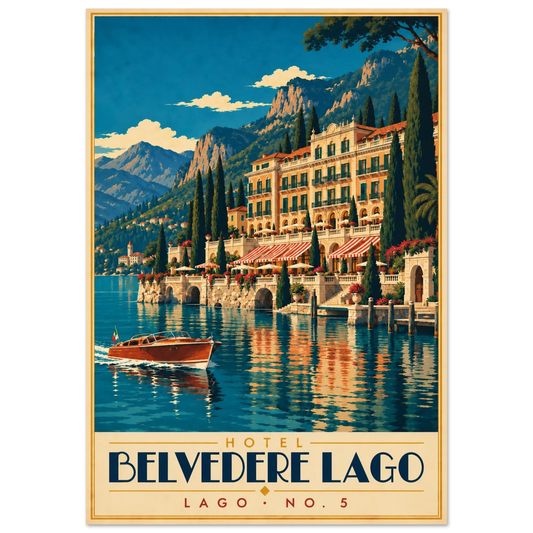 Art-Déco Reiseposter Hotel Belvedere Lago – sonnengelbes Grand Hotel am See mit Motorboot
