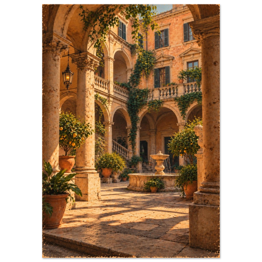 Rom Poster im Vintage-Postkarten-Stil – sonniger Palazzo-Innenhof mit Säulengang und Brunnen